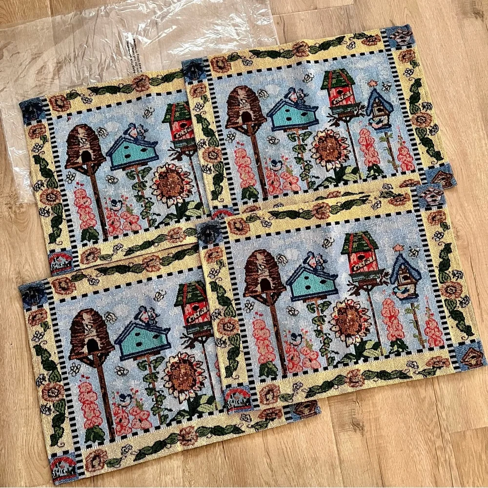 Set of 4 TAPESTRY Placemats Place Mats Birdhouses & Flowers 18.5